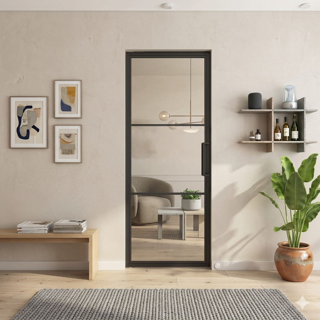 Moderne zwarte stalen taatsdeur in luxe interieur
